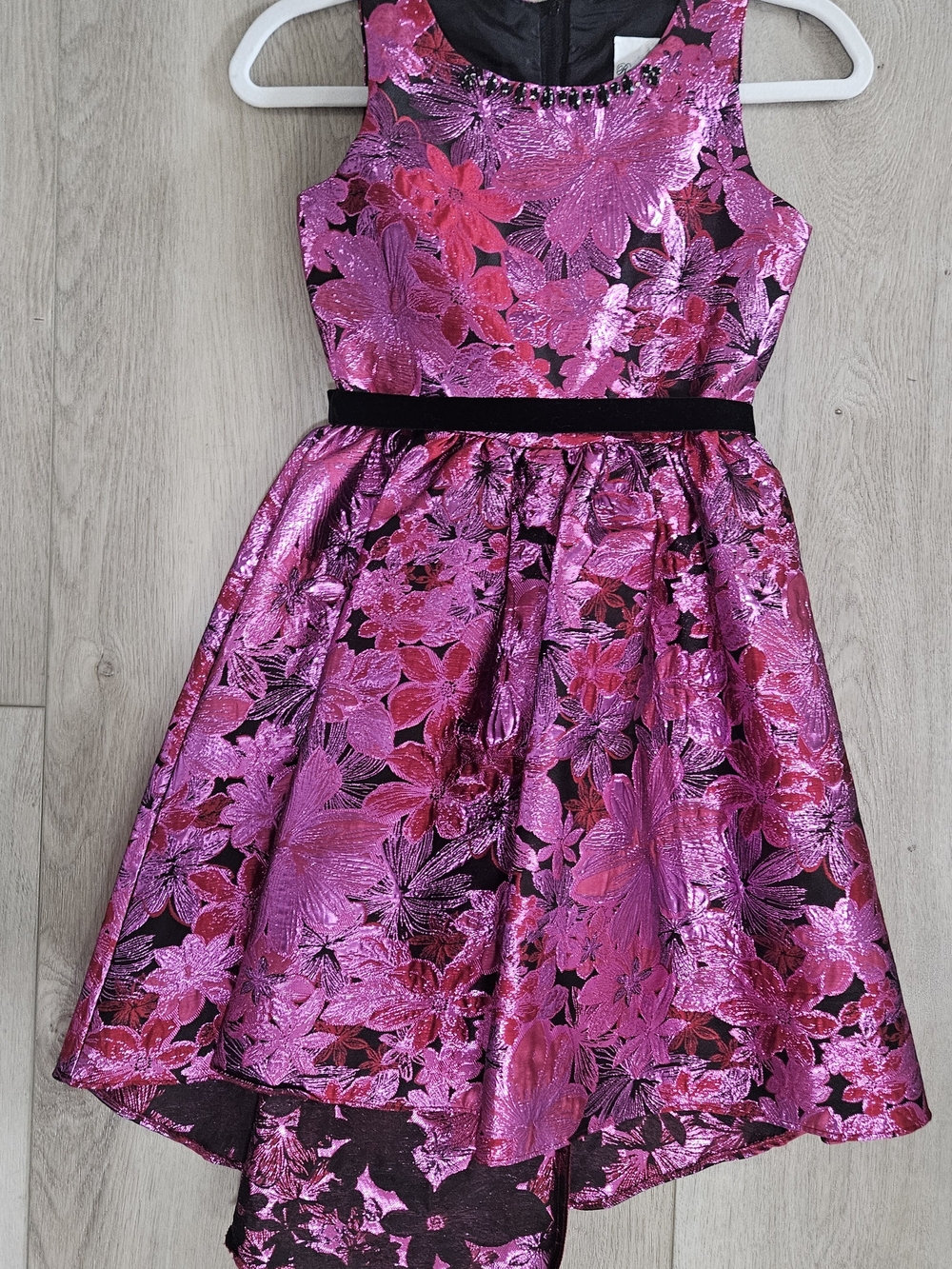 Rare Editions Metallic Pink Floral Fit & Flare Dress with Black Velvet Waist